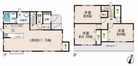 Floor plan. 22,900,000 yen, 3LDK, Land area 88.48 sq m , Building area 86.73 sq m face-to-face kitchen! South-facing bright LDK15 Pledge Zenshitsuminami direction Mortgage performance evaluation