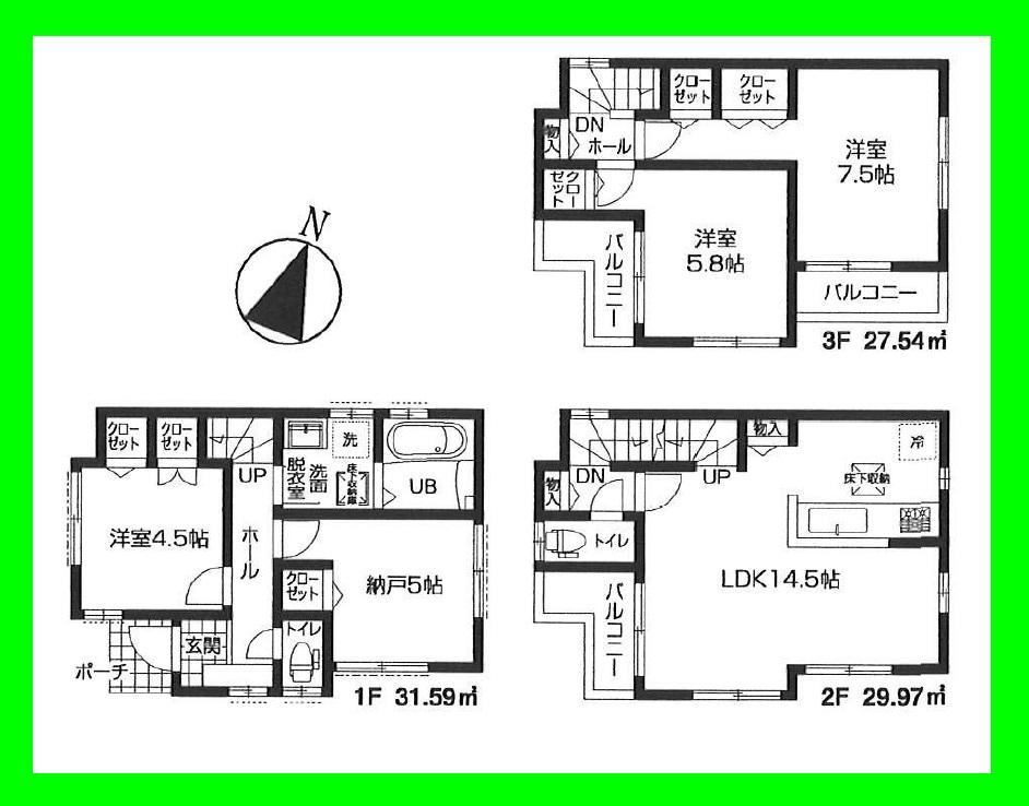 Floor plan. (3 Building), Price 36,800,000 yen, 4LDK, Land area 87.07 sq m , Building area 89.1 sq m