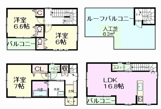 Floor plan. 33,800,000 yen, 3LDK, Land area 66.11 sq m , Building area 95 sq m All rooms flooring