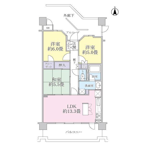 Floor plan. 3LDK, Price 20.8 million yen, Occupied area 66.26 sq m , Balcony area 13.16 sq m
