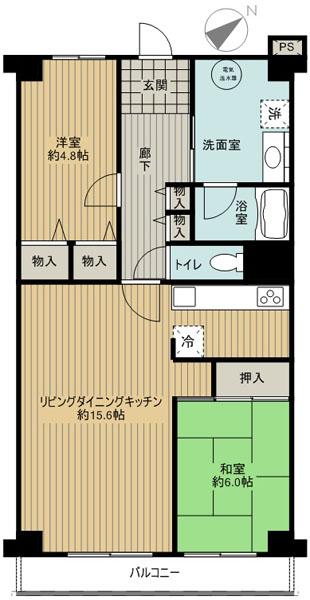 Floor plan. 2LDK, Price 13,990,000 yen, Footprint 61.6 sq m , You can also on the balcony area 6.72 sq m 3 room.