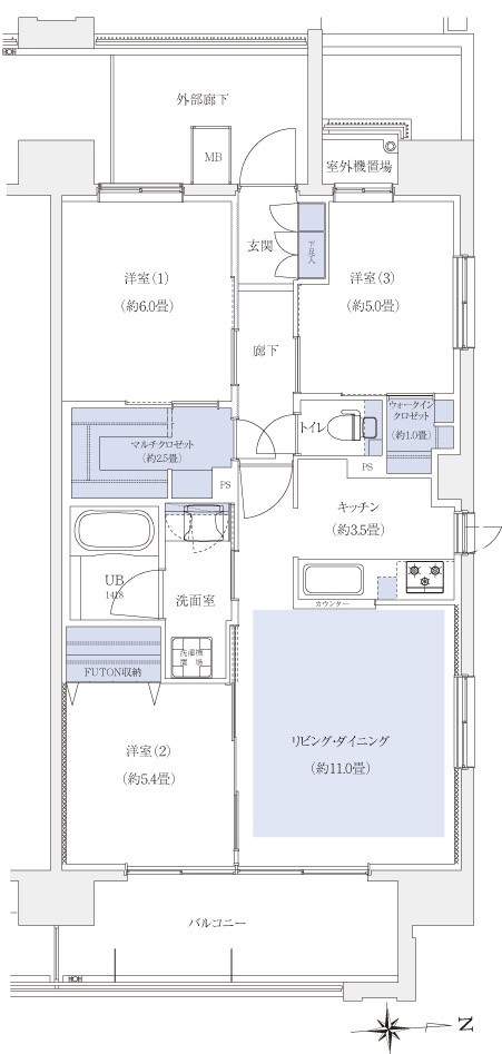 A type ・ 3LDK + MC + WIC occupied area / 70.52 sq m balcony area / 9.95 sq m outdoor unit yard area / 1.40 sq m MC = multi closet