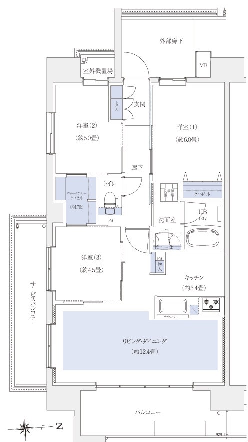 C type ・ 3LDK + WTC footprint / 67.81 sq m  Balcony area / 9.50 sq m service balcony area / 7.80 sq m outdoor unit yard area / 1.40 sq m WTC = walk-through closet