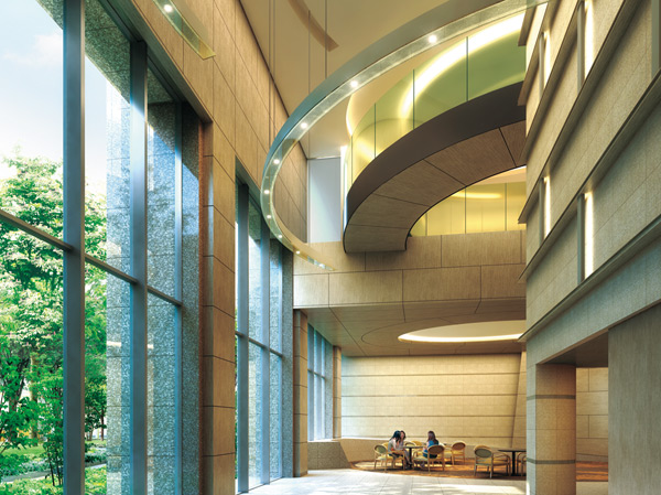 Shared facilities.  [Entrance hall] Of waiting ahead of the main entrance, Three-tier atrium and exceptional brightness and openness is filling the entrance hall by a glass wall. The one section that, It was provided with a space of rest to feel the bustle of green moisture and squares through the window. (Entrance Hall Rendering)