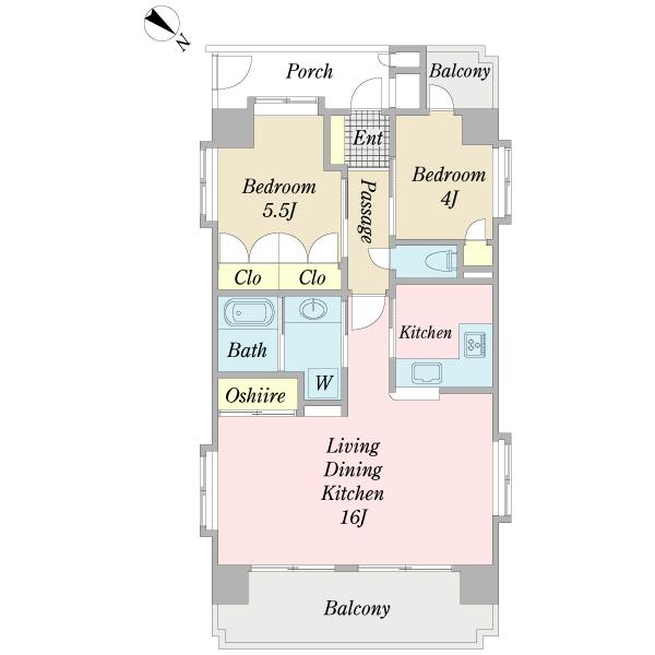 Floor plan. 2LDK, Price 13 million yen, Footprint 57.4 sq m , Balcony area 9.8 sq m