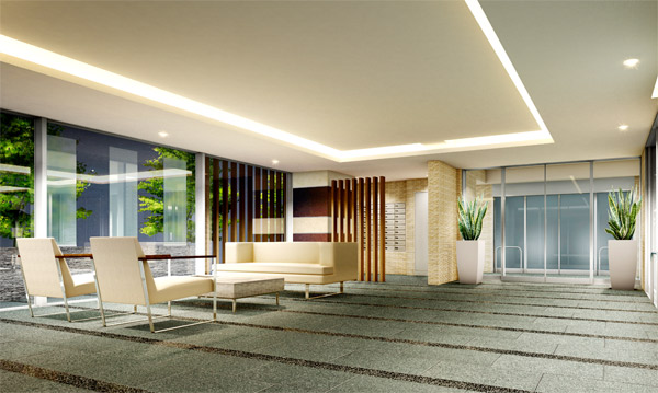 Shared facilities.  [Entrance lobby Rendering] Proceeding the entrance in the back, You spread the space of relaxation was arranged sofa set. Overlooking the green of the trees through the window, You can visitors of answering.
