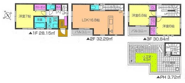 Floor plan. 33,800,000 yen, 3LDK, Land area 66.11 sq m , Building area 95 sq m