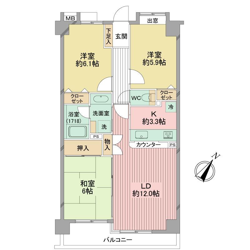 Floor plan. 3LDK, Price 18,800,000 yen, Occupied area 70.93 sq m , Balcony area 7.1 sq m