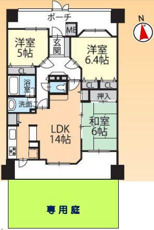 Floor plan. 3LDK, Price 24,800,000 yen, Occupied area 75.06 sq m south-facing bright LDK14 Pledge ・ Japanese-style room 6 quires Interior renovated With a private garden  Nishikawaguchi walk 16 minutes Lara Garden 2-minute walk