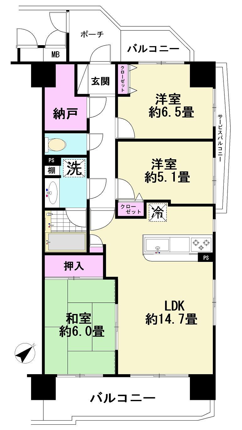 Floor plan. 3LDK, Price 22,800,000 yen, Occupied area 72.54 sq m , Balcony area 12.78 sq m
