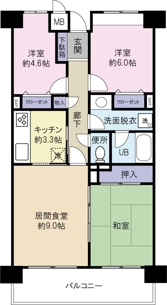 Floor plan. 3LDK, Price 12 million yen, Occupied area 64.66 sq m , Balcony area 9.6 sq m