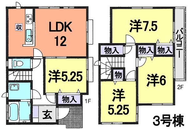 Floor plan. (3 Building), Price 26,800,000 yen, 4LDK, Land area 107.23 sq m , Building area 88.6 sq m