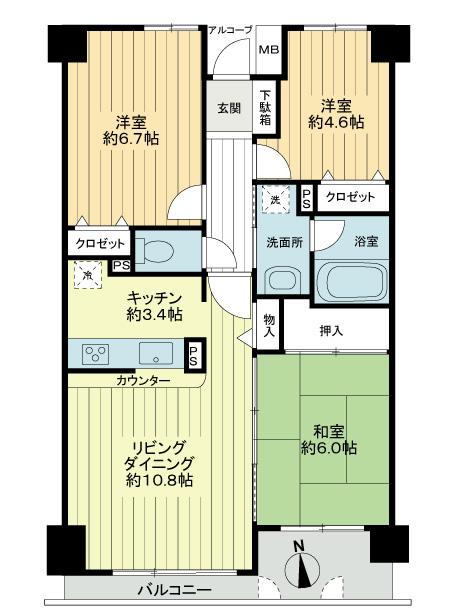 Floor plan. 3LDK, Price 24,800,000 yen, Occupied area 67.47 sq m , Balcony area 6.3 sq m
