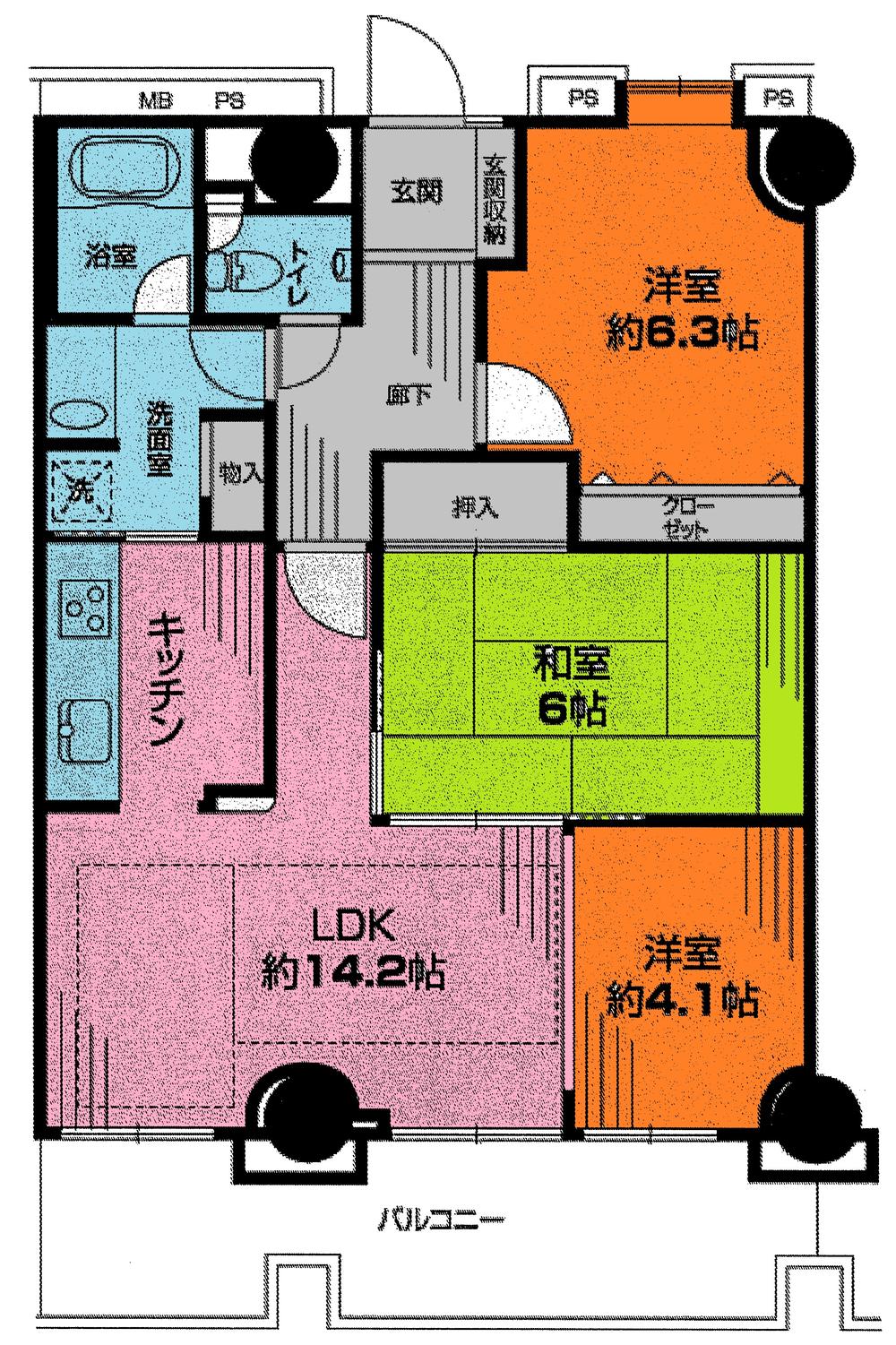Floor plan. 3LDK, Price 32,800,000 yen, Occupied area 73.44 sq m , Balcony area 11.74 sq m