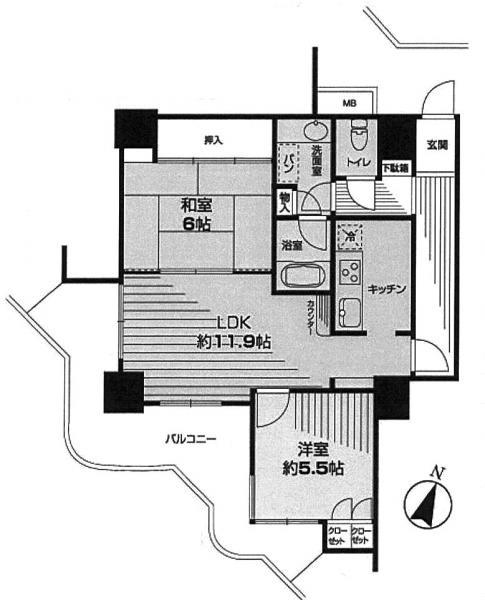 Floor plan. 2LDK, Price 26,800,000 yen, Occupied area 61.51 sq m , Balcony area 14.11 sq m