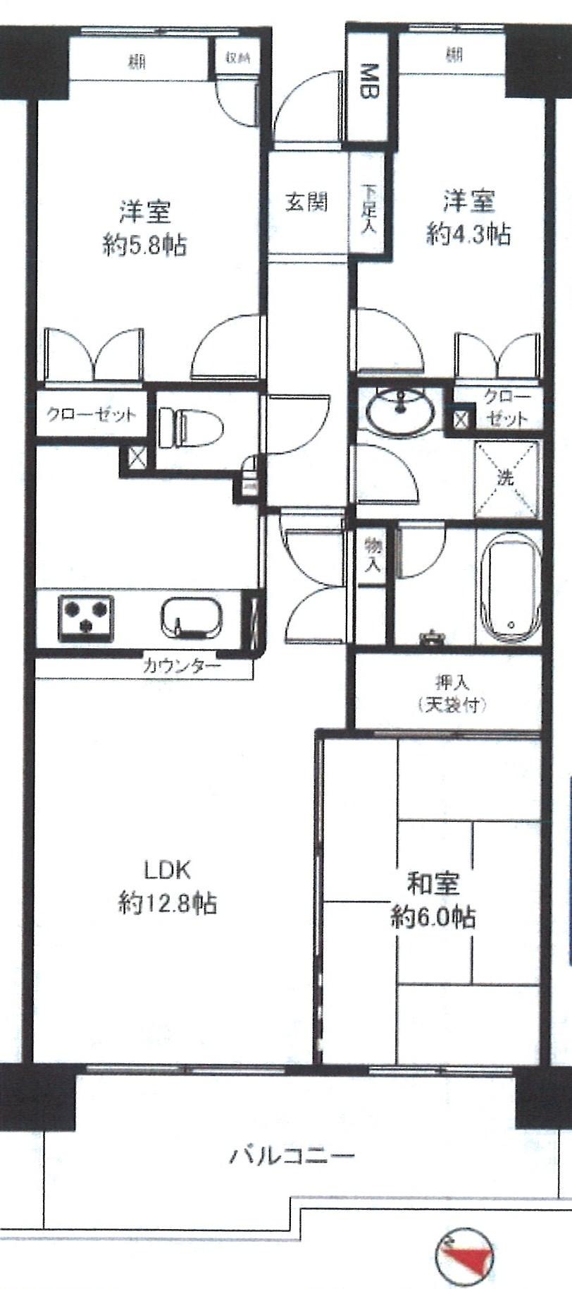 Floor plan. 3LDK, Price 19,800,000 yen, Occupied area 64.27 sq m , Balcony area 9.88 sq m