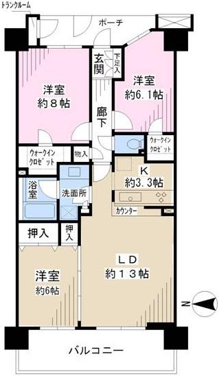Floor plan. 3LDK, Price 26,900,000 yen, Occupied area 80.74 sq m , Balcony area 13.4 sq m