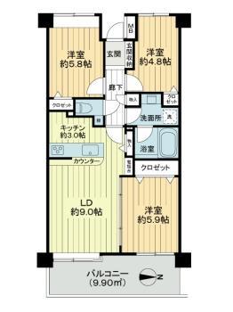 Floor plan. 3LDK, Price 31,800,000 yen, Occupied area 64.74 sq m , Balcony area 9.9 sq m site