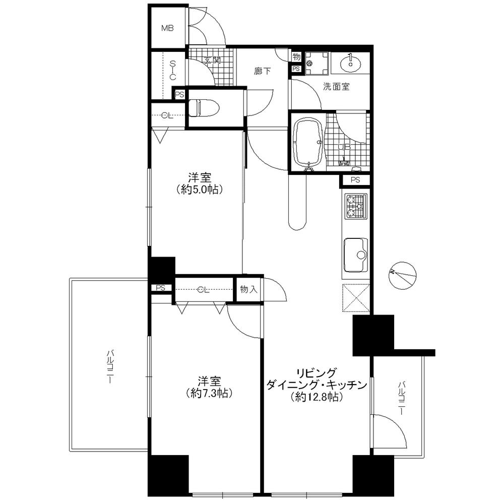Floor plan. 2LDK, Price 27 million yen, Occupied area 55.87 sq m , Balcony area 9.84 sq m