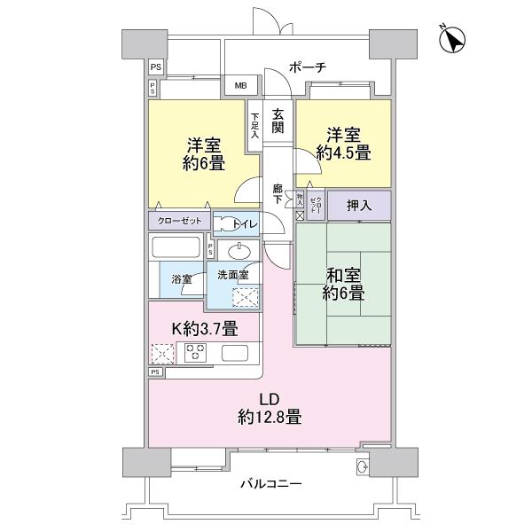 Floor plan. 3LDK, Price 22.5 million yen, Footprint 70 sq m , Balcony area 13.83 sq m