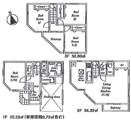 Floor plan. (Building 2), Price 36,800,000 yen, 4LDK, Land area 61.72 sq m , Building area 102.35 sq m