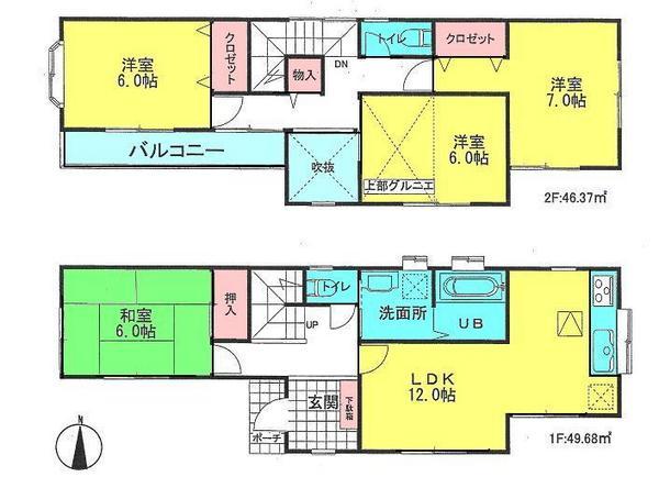 Floor plan. 21,800,000 yen, 4LDK, Land area 100.14 sq m , Building area 96.05 sq m all room 6 quires more, All room south-facing room