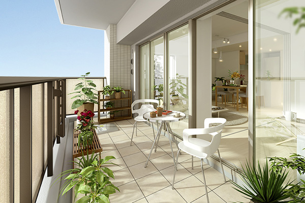 balcony ・ terrace ・ Private garden.  [balcony] Bright balcony facing south is, Depth of about 1.8m. Scenery of extension of the sky, Mood us with bright. (G type (8th floor) balcony Rendering)