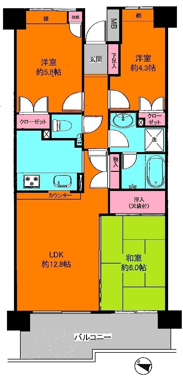 Floor plan. 3LDK, Price 18,800,000 yen, Occupied area 64.27 sq m , Balcony area 9.88 sq m