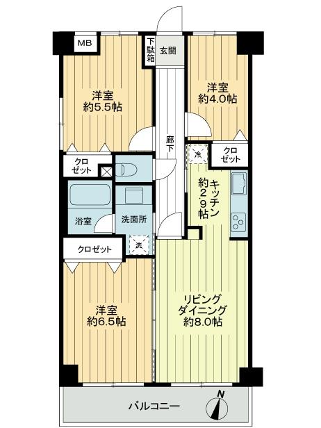 Floor plan. 3LDK, Price 13.8 million yen, Occupied area 59.92 sq m , Per yang balcony area 6.51 sq m south-facing is a good room.