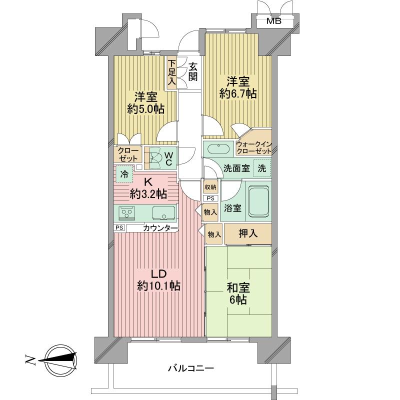 Floor plan. 3LDK, Price 24,800,000 yen, Footprint 70 sq m , Balcony area 12.6 sq m