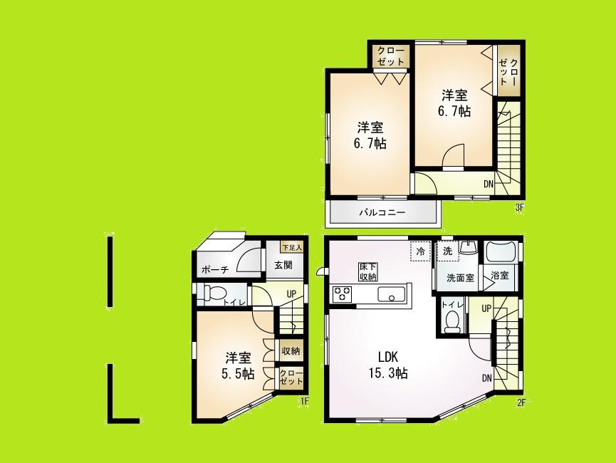 Floor plan. 21,800,000 yen, 3LDK, Land area 53.44 sq m , Attractive building area 99.56 sq m designer House boasts a day what at this price both sides road The same day of your tour Allowed completed construction property immediately visit Allowed