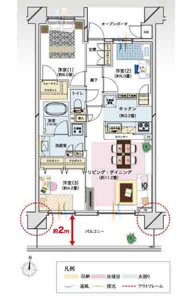 Building structure. C type 3LDK + WIC occupied area / 65.96 sq m balcony area / 13.00 sq m  Open porch area / 5.67 sq m