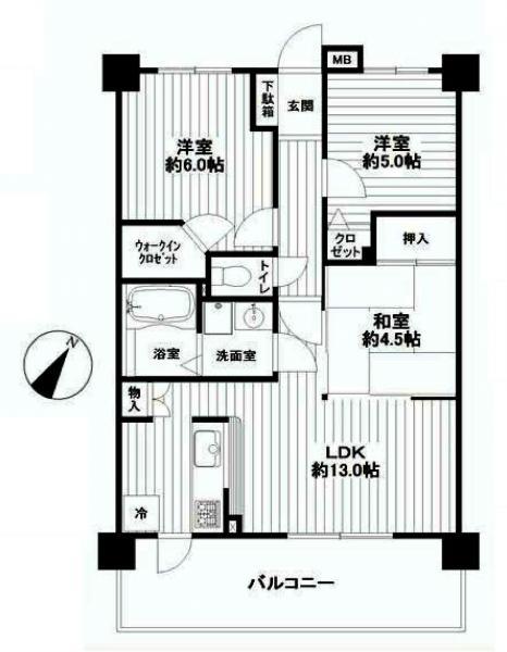 Floor plan. 3LDK, Price 18,800,000 yen, Footprint 62.5 sq m , Balcony area 12.24 sq m