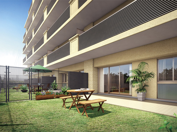 Shared facilities.  [Private garden] Spread streets calm residential center, Birth to the first kind residential area. On the ground floor dwelling unit, You can enjoy, such as gardening, A private garden are available. (Rendering)