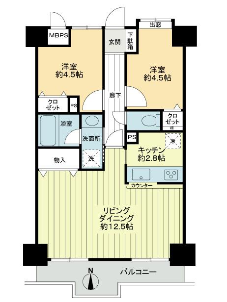 Floor plan. 2LDK, Price 23,300,000 yen, Footprint 56.4 sq m , Balcony area 6.9 sq m