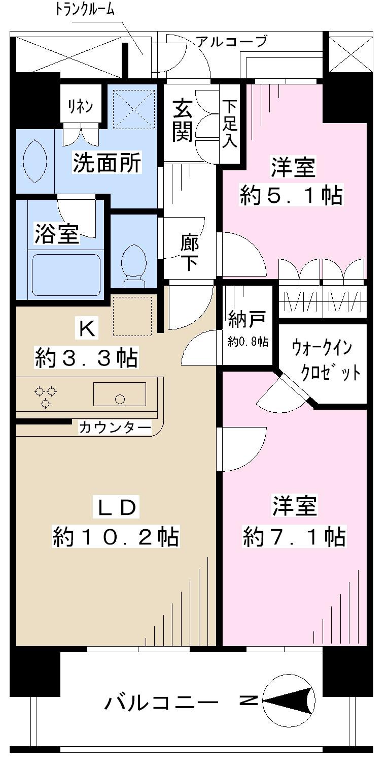 Floor plan. 2LDK, Price 34,500,000 yen, Occupied area 60.06 sq m , Balcony area 9.18 sq m