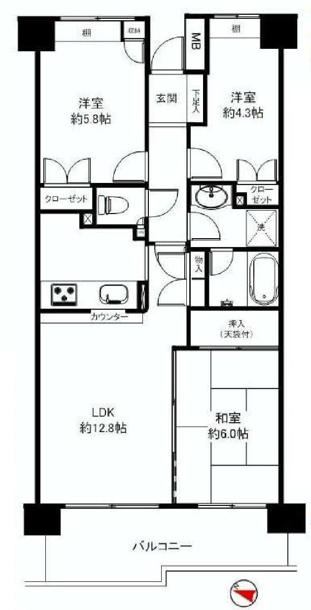 Floor plan. 3LDK, Price 19,800,000 yen, Occupied area 64.27 sq m , Balcony area 9.88 sq m