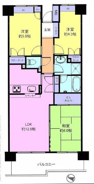 Floor plan. 3LDK, Price 18,800,000 yen, Occupied area 64.27 sq m , Balcony area 9.88 sq m