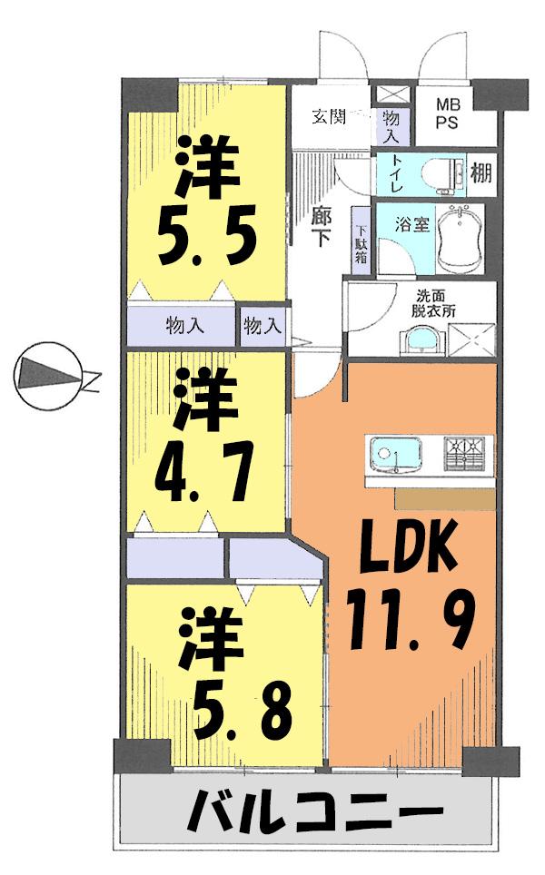 Floor plan. 3LDK, Price 13,900,000 yen, Footprint 66 sq m , Balcony area 6.96 sq m