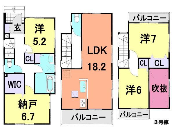 Floor plan. (3 Building), Price 28.8 million yen, 3LDK+S, Land area 89.39 sq m , Building area 106.81 sq m
