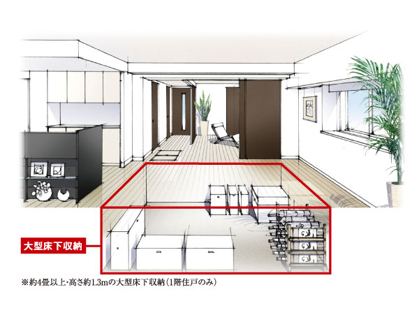 Receipt.  [Storage space by taking advantage of space (first floor dwelling unit only)] Available in about 4 tatami mats or more of the under-floor storage in the LD. Since the original has been utilizing the space that becomes a dead space, Size of the house is to increase the storage capacity as it is. (Conceptual diagram)