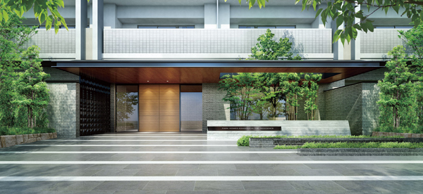 Features of the building.  [Entrance Rendering CG] In order to maintain the overall appearance in a pleasant balance of symmetry, Place the position of the entrance to the center. Adjacent land also take a sufficient distance, By providing the green zone with a volume on both sides of the entrance, It felt refreshing green of peace from both the left and right approach. By the entrance of Hisashiura and doors to Sulfur butterfly, Also to cherish the natural texture. Switching the ON and OFF, It spreads elegant Yingbin of the world to invite to the full of peace "I" of the time.