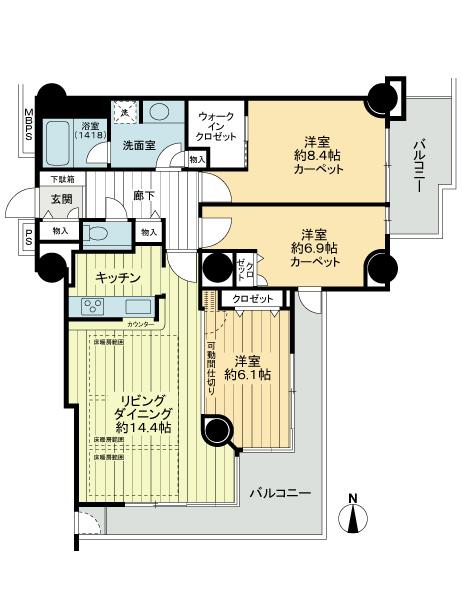 Floor plan. 3LDK, Price 36,800,000 yen, Footprint 90.6 sq m , Balcony area 19.42 sq m