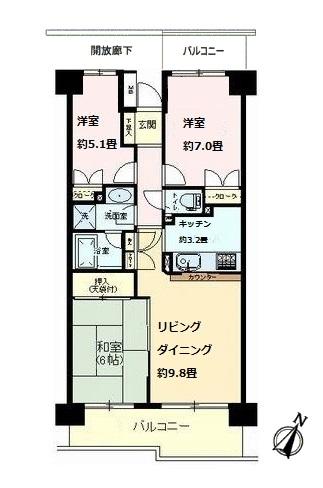 Floor plan. 3LDK, Price 18,800,000 yen, Occupied area 67.73 sq m , Balcony area 13.96 sq m