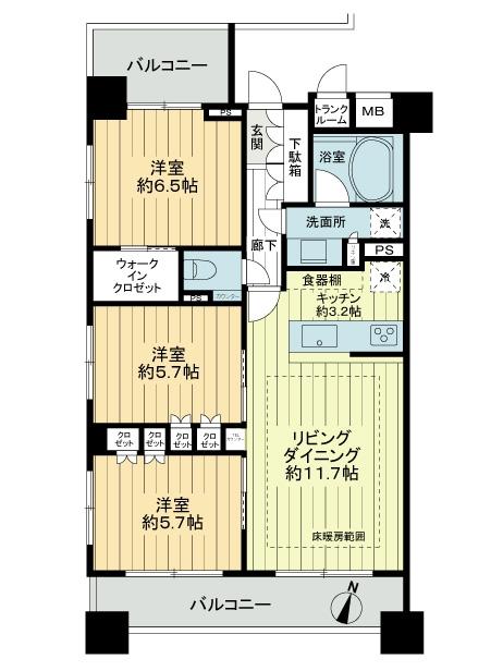 Floor plan. 3LDK, Price 27,800,000 yen, Occupied area 73.19 sq m , 3LDK of balcony area 15.53 sq m square room