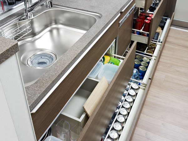 Kitchen.  [All slide storage] Under-counter storage is also taken out easily slide drawer back of the thing.