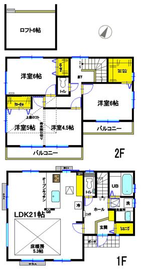 Building 2 ・ 3LDK (possible change in 4LDK) price / 32,750,000 yen land area / 134.50 sq m  Building area / 102.68 sq m 21 tatami big LDK, South-facing open-minded wide balcony, 6 tatami with a loft. Housing wealth (kitchen cabinet, Shoes cloak, Walk-in closet, Underfloor storage × 2)
