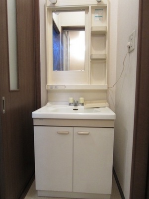 Washroom. Storage rack is happy independent wash basin