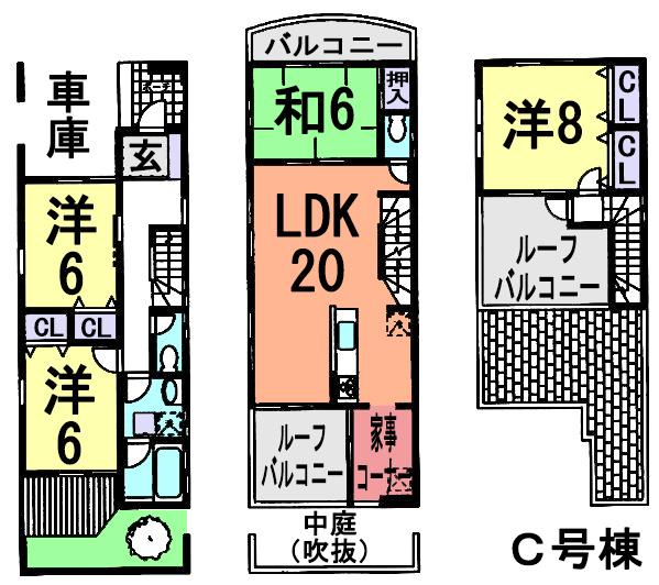 Floor plan. (2-C Building), Price 44,800,000 yen, 4LDK, Land area 91.11 sq m , Building area 123.34 sq m