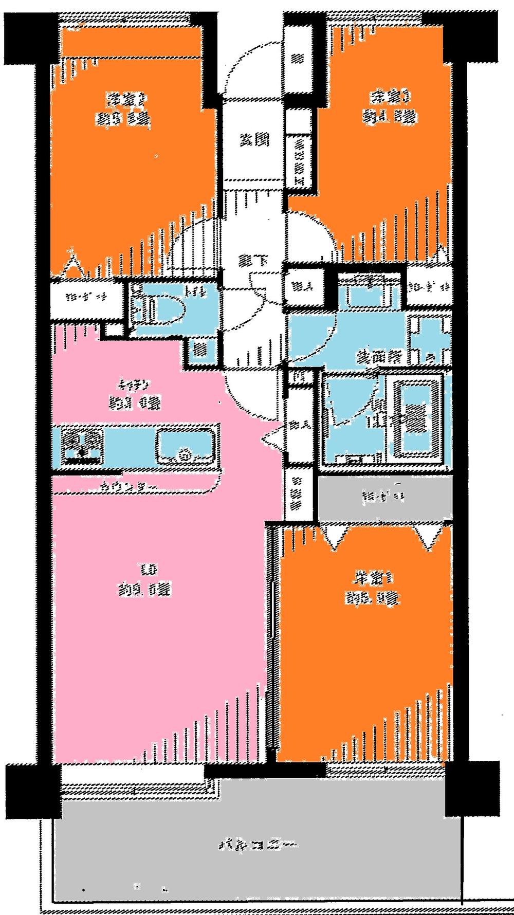 Floor plan. 3LDK, Price 31,800,000 yen, Occupied area 64.74 sq m , Balcony area 9.9 sq m